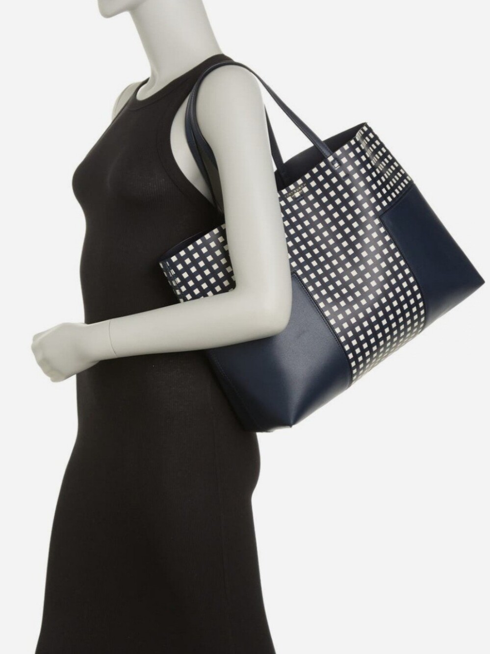 Tory Burch Navy and White Checkered Leather Tote / Pouch Not Available.